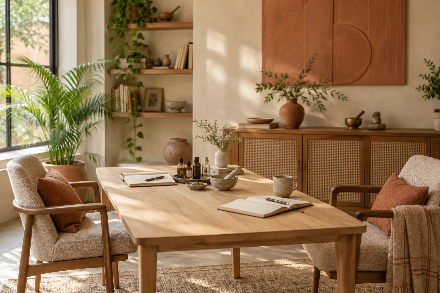 Two empty chairs and notebooks around a sunlit consultation table