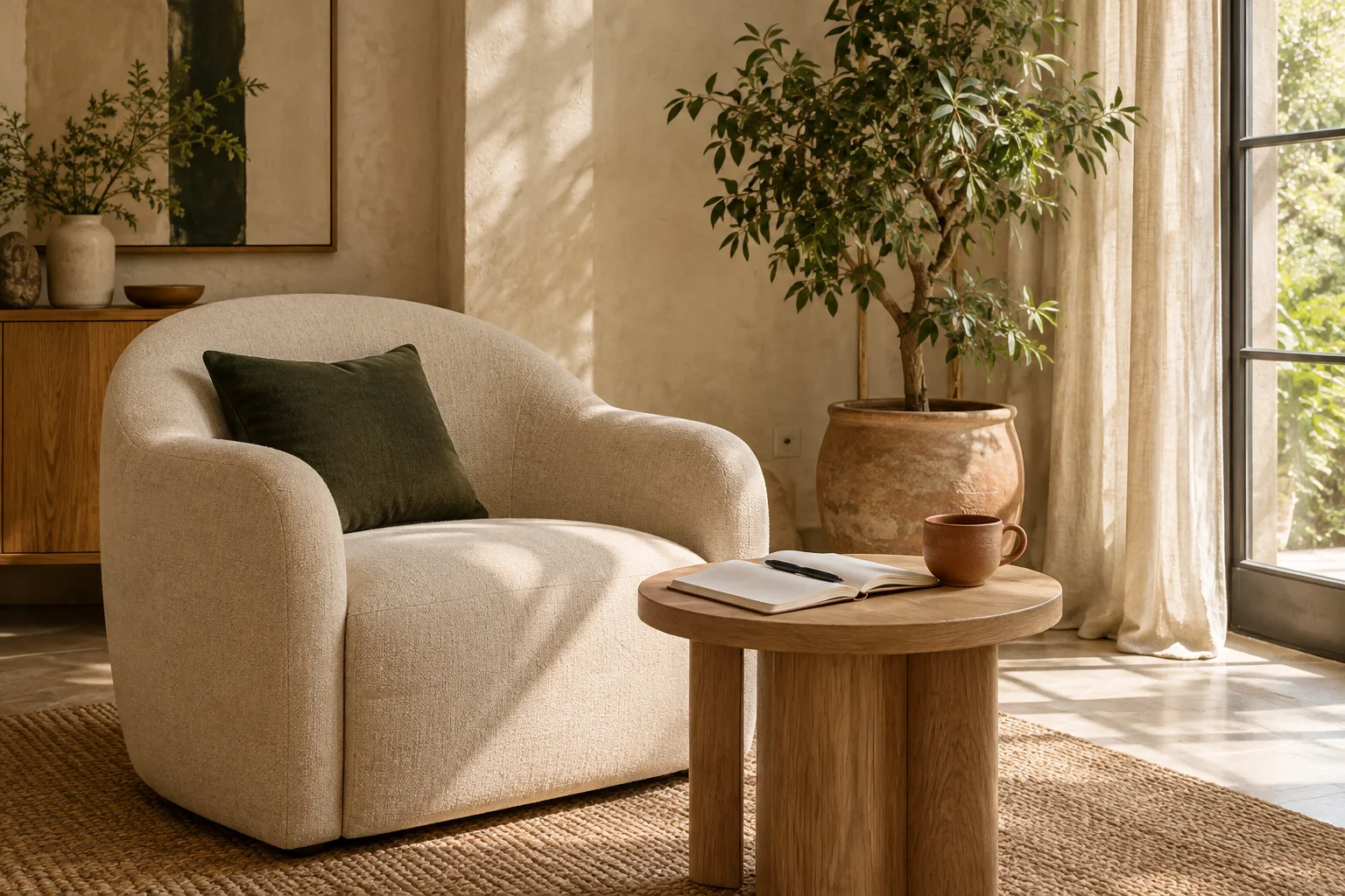 A quiet consultation corner with an open notebook, soft light and a comfortable chair