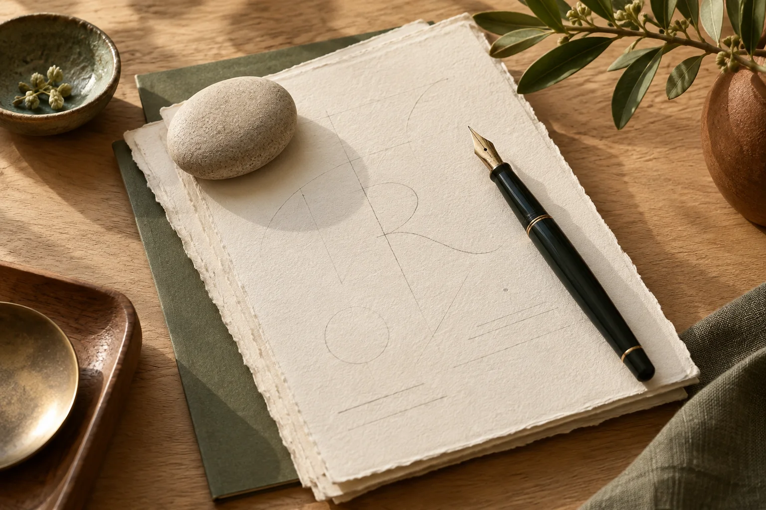 Cream paper, a fine pen and a smooth stone arranged on a warm wooden desk