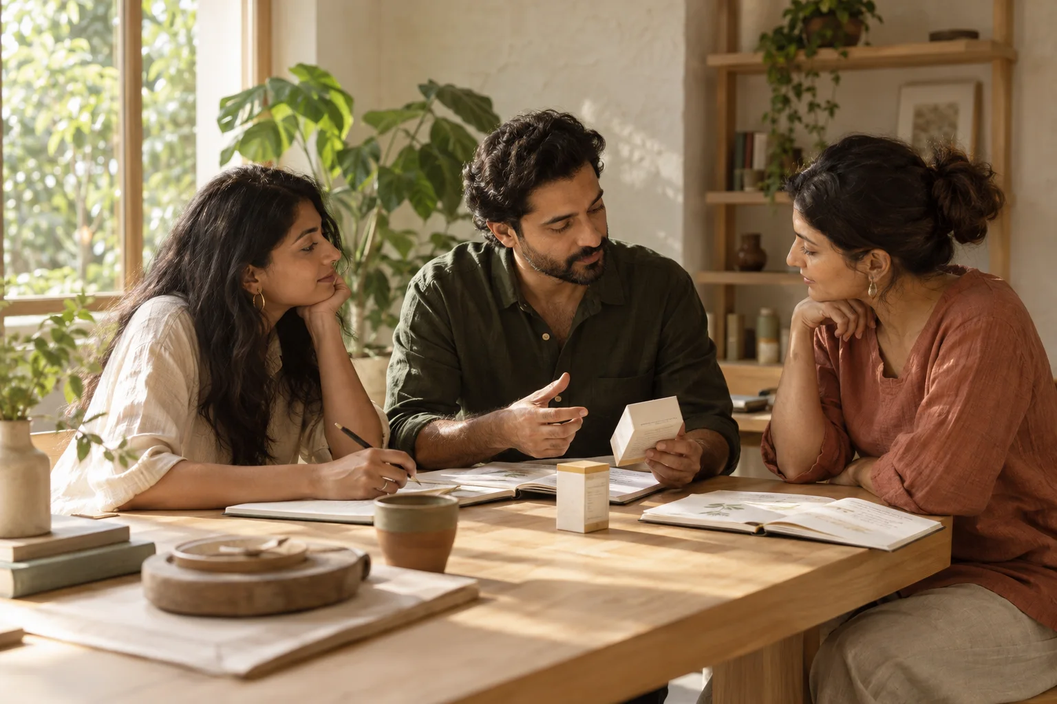 Illustration of practitioners having a thoughtful conversation around a studio table