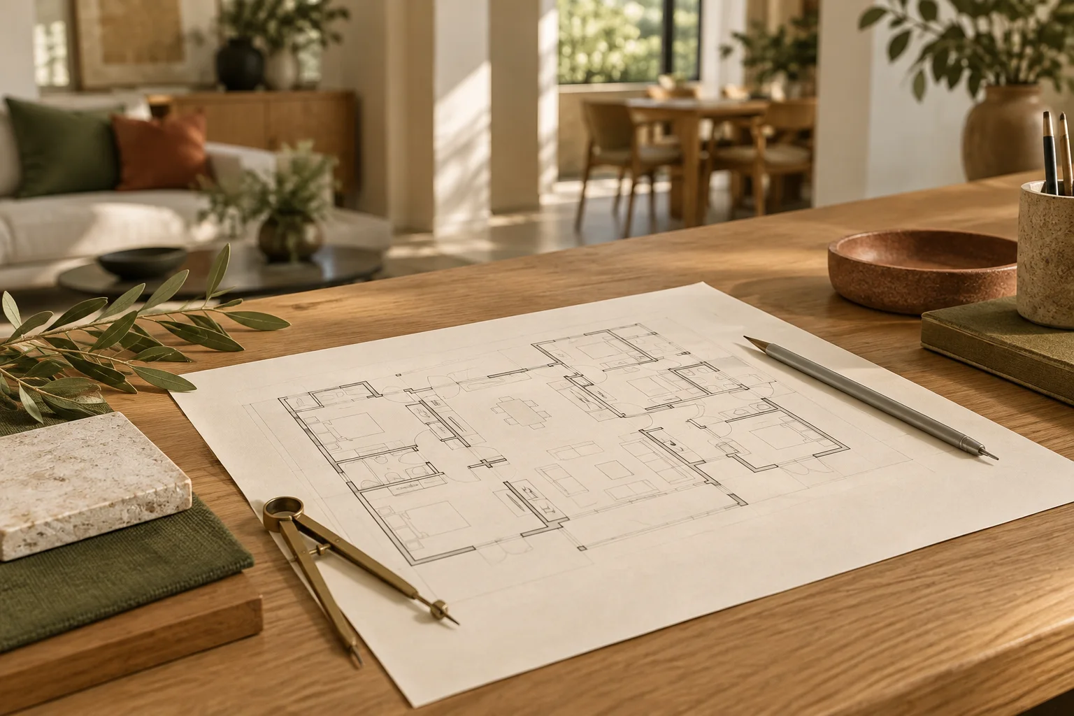 A residential floor plan, drafting tools and material samples in a light-filled home