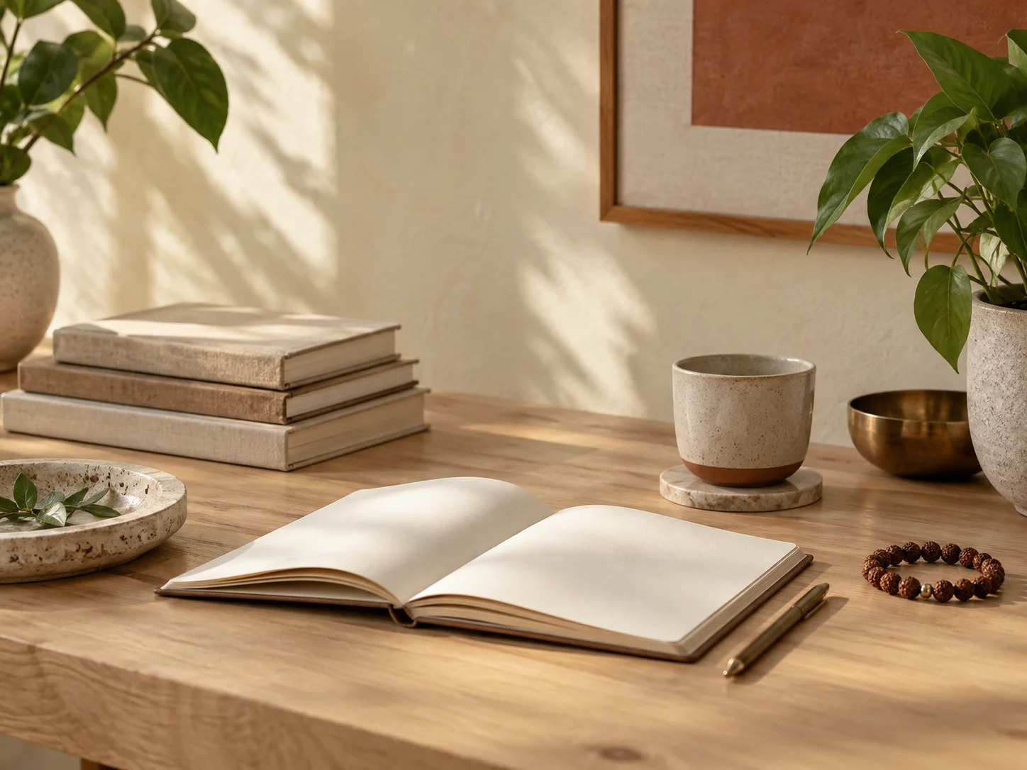 An open notebook, clothbound books and a Rudraksha bracelet in a sunlit studio still life