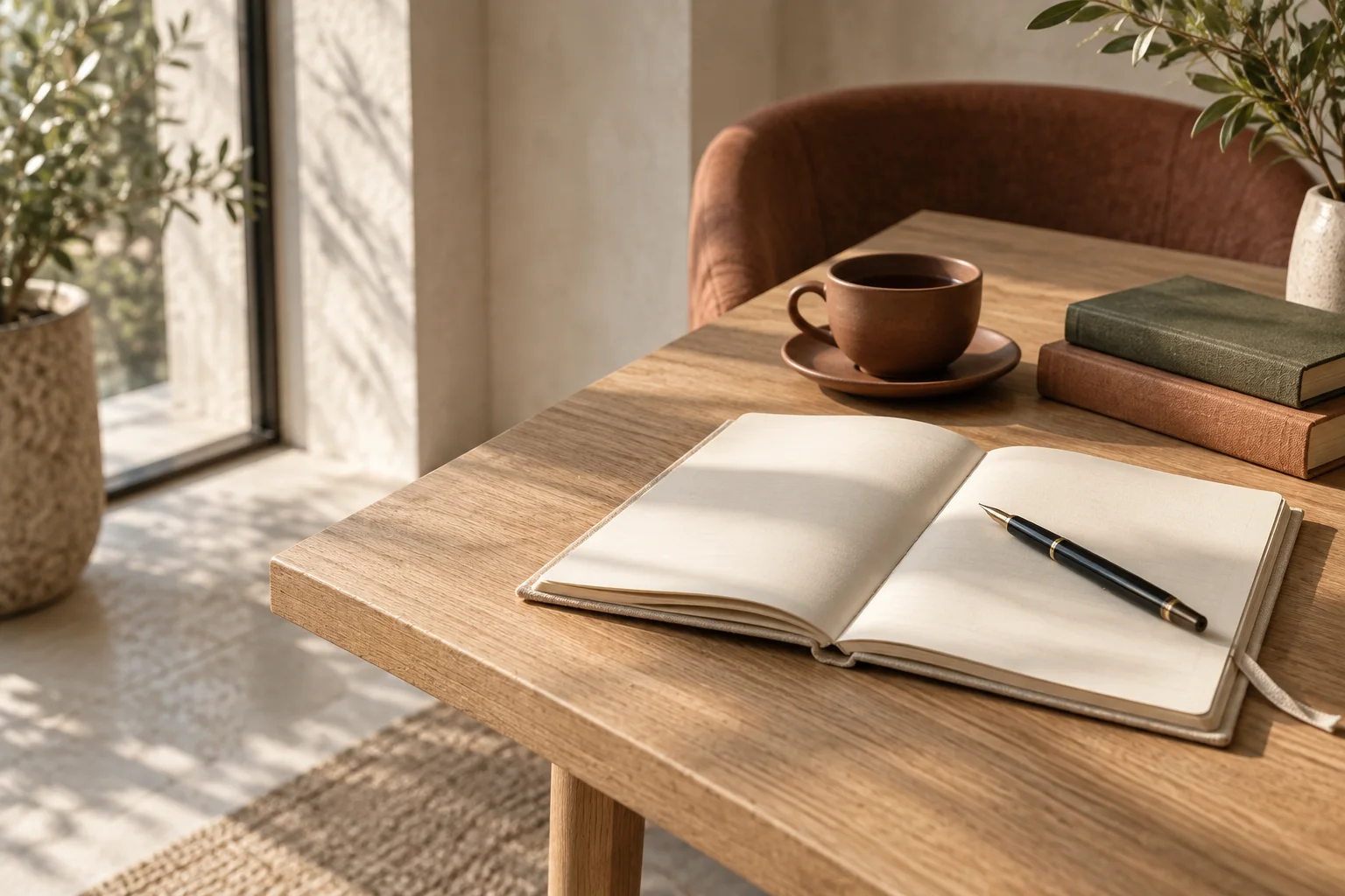 A notebook and pen on a sunlit consultation table, with a cup of tea nearby