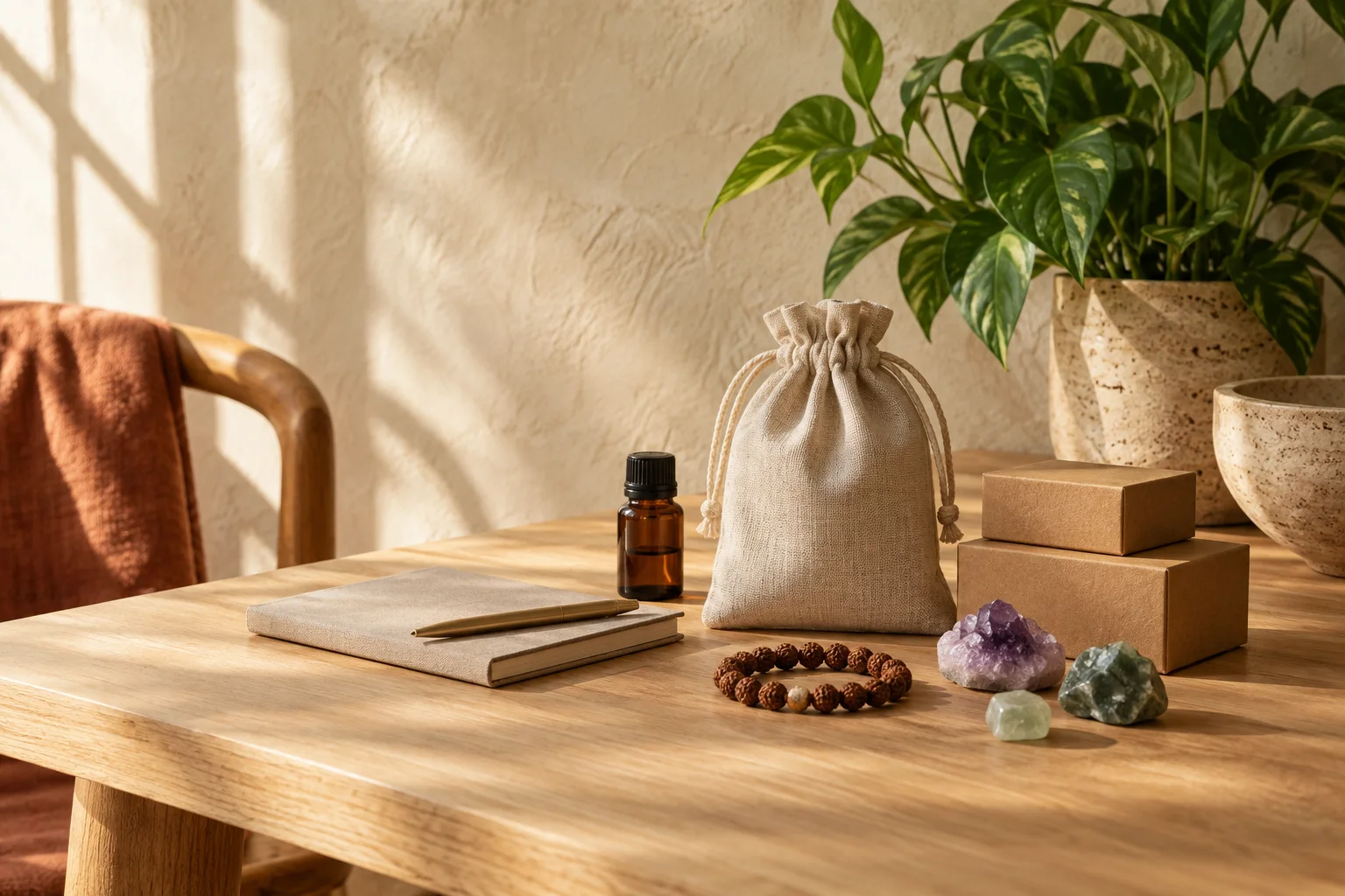 A carefully arranged selection of natural stones, a beaded bracelet and simple linen packaging
